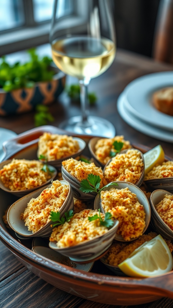 Baked clam oreganata with golden topping and lemon wedges on a rustic table.